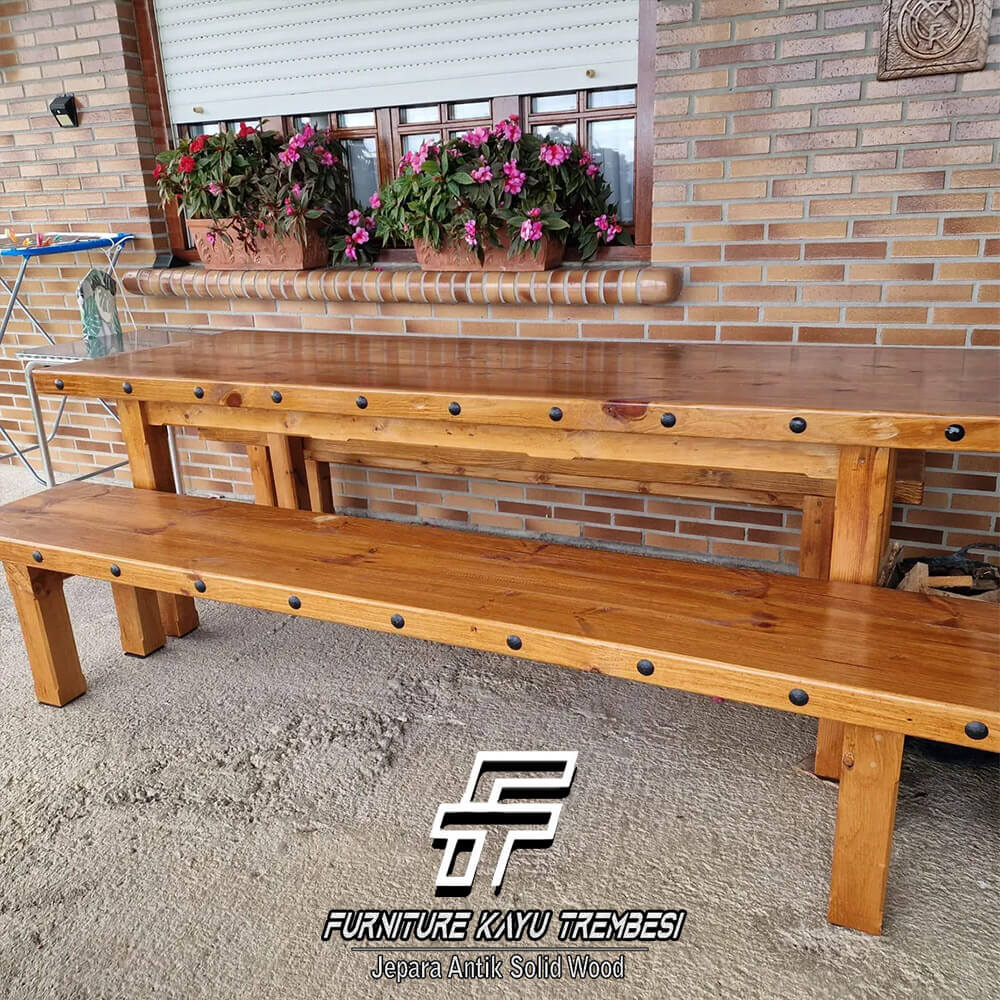 Meja Jati Solid Warna Natural Kursi Stool Panjang FT-119.1