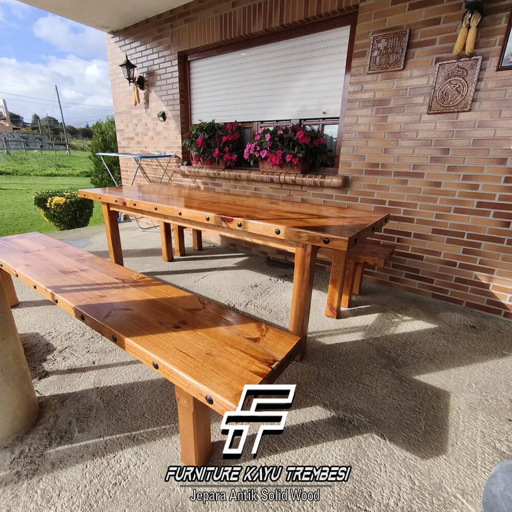 Meja Jati Solid Warna Natural Kursi Stool Panjang FT-119.2