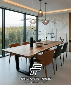 Meja Makan Kayu Trembesi Solid Modern Industrial Style FT-161