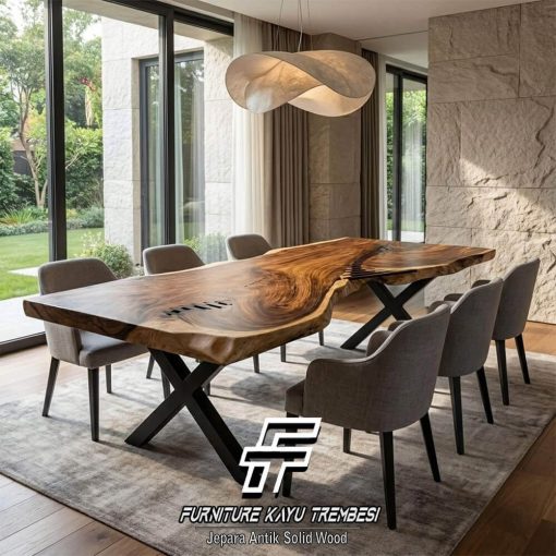 Harga Meja Makan Kayu Utuh Solid Sisi Alami Premium Style FT-212